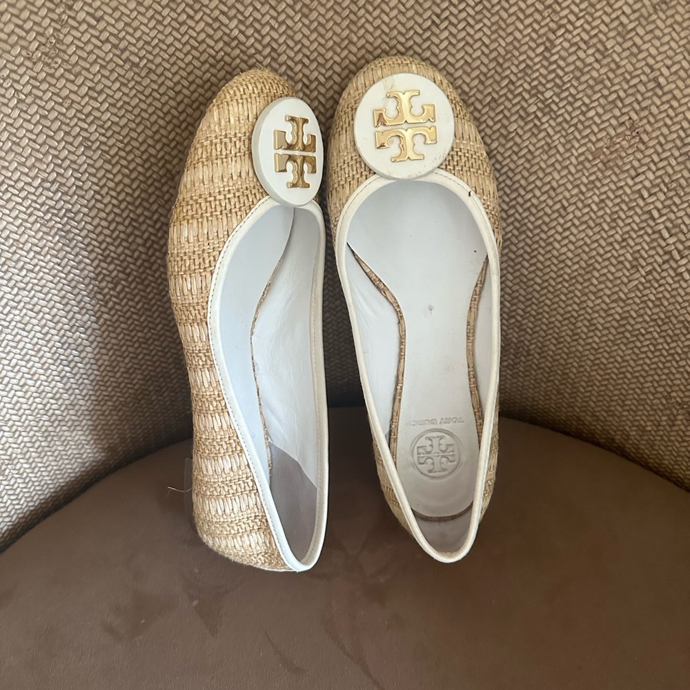 Tory Burch Woven Tan Flats with White Accents